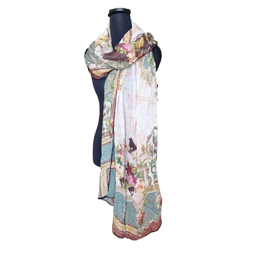 White secret garden silk satin feel shawl wrap scarf whimsical modest